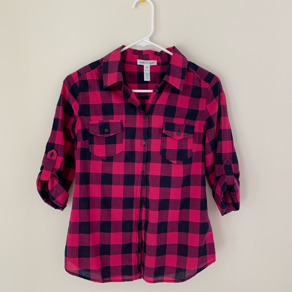 Rolled up arm pink flannel shirt